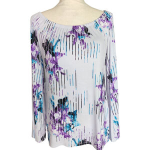 White House Black Market Bell Sleeve Boat Neck Floral Print Blouse Top Women's S